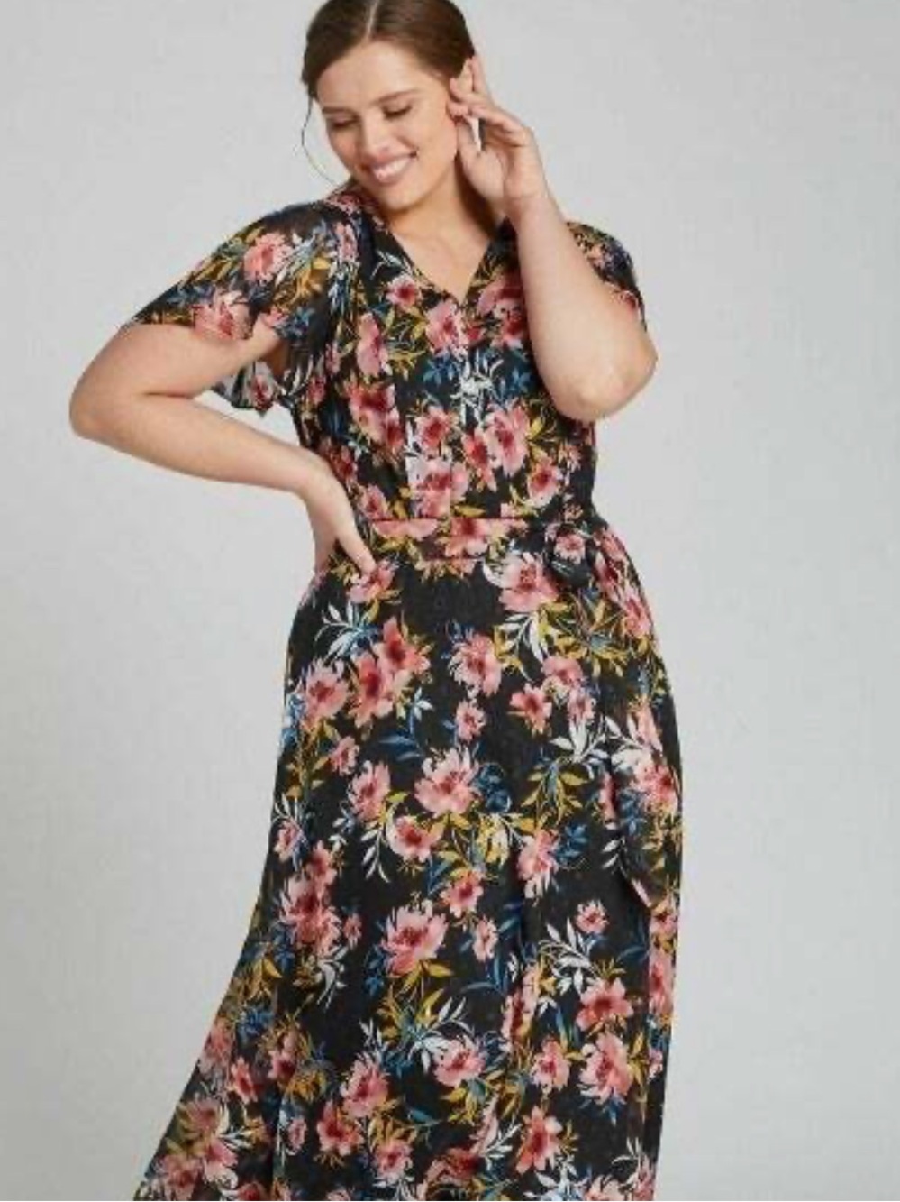 Lane Bryant black floral flutter short-sleeve maxi dress
